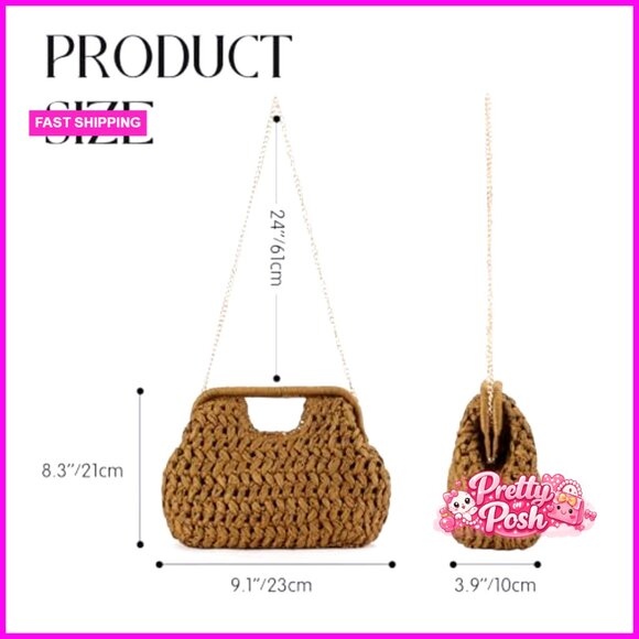 Straw Clutch Purse, Woven Evening Shoulder Bag with Detachable Chain Strap - Picture 3 of 7